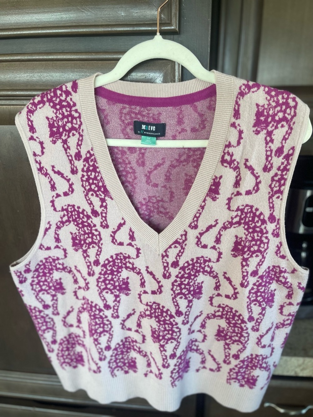 Anthropologie Pink and Cream Animal Jacquard V-Neck Sweater Vest